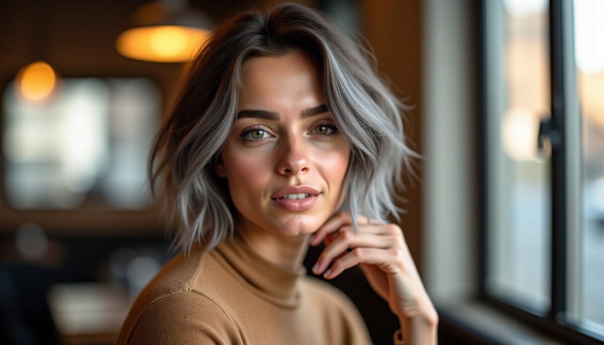 Cheveux courts bruns sublimés par le balayage gris : la tendance incontournable du moment !